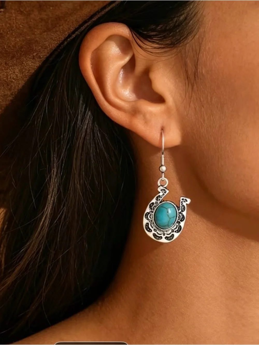 Western Earrings Turquoise Stone Silver-Tone Horseshoe Drop Earrings